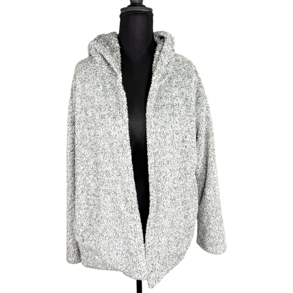 Billabong Womens M Gray Fuzzy Hooded Cardigan Sweater Open Front Cozy Oversized